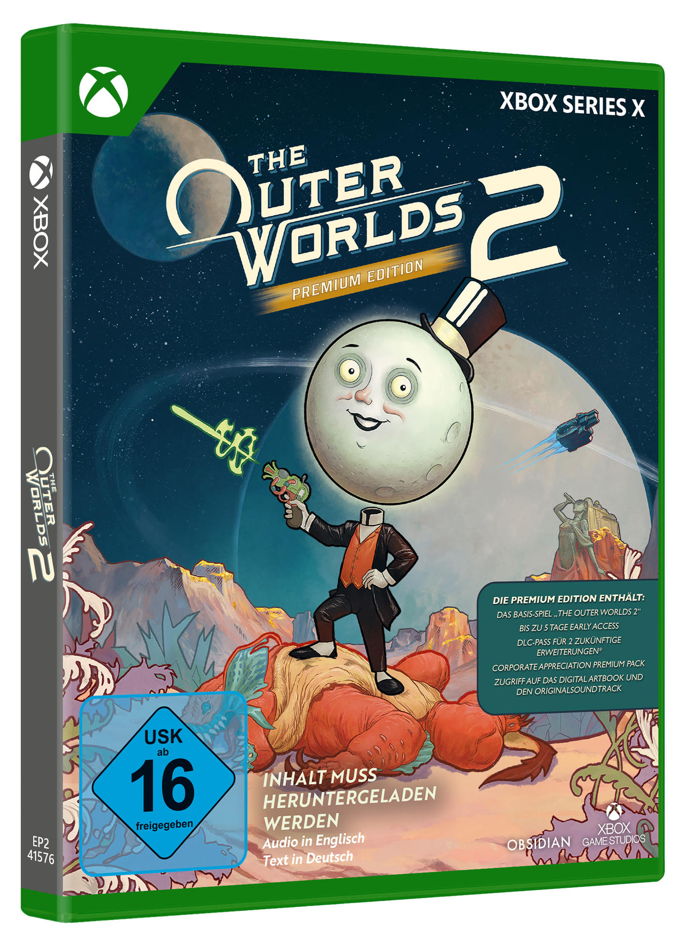 Spielbox-Art für 'The Outer Worlds 2'. Eine mondköpfige Figur hält eine Waffe. Der Hintergrund zeigt Planeten und ein Raumschiff.