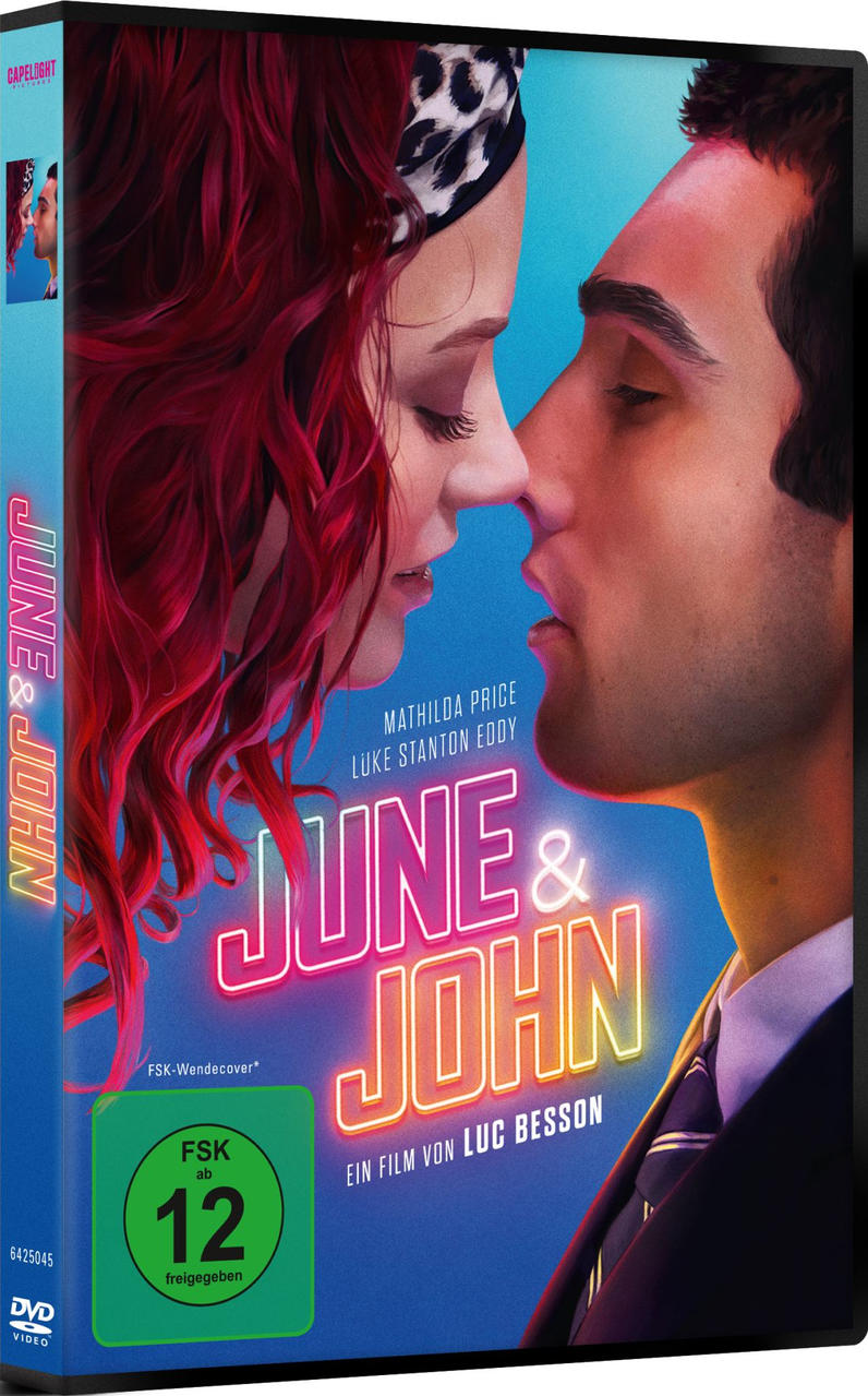 DVD-Cover von 'June & John'. Mann und Frau berühren sich mit den Nasen. Rote Haare, schwarzer Anzug, blauer Hintergrund.