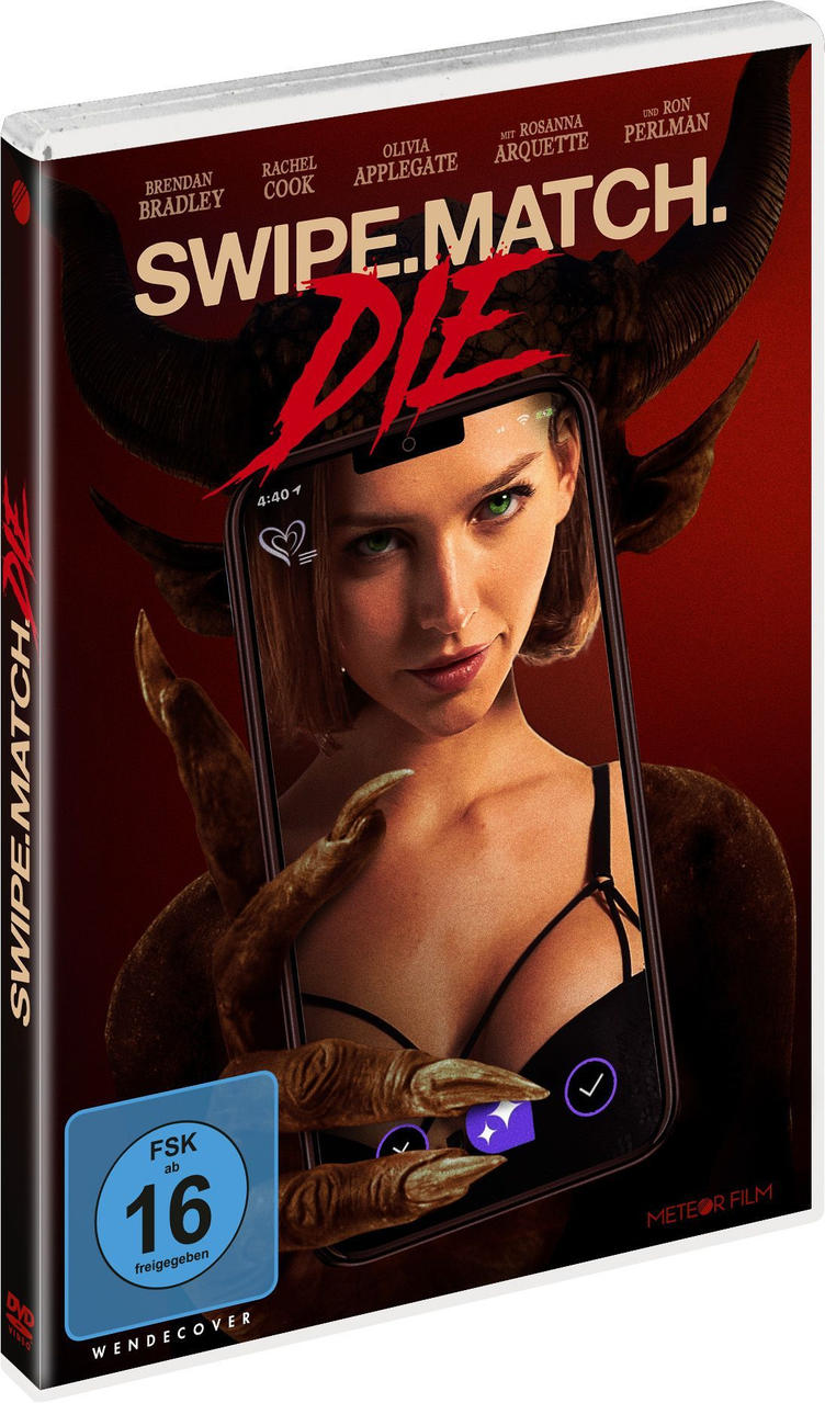 Filmplakat für 'Swipe.Match. Die' mit einer Frau und dämonischen Elementen.