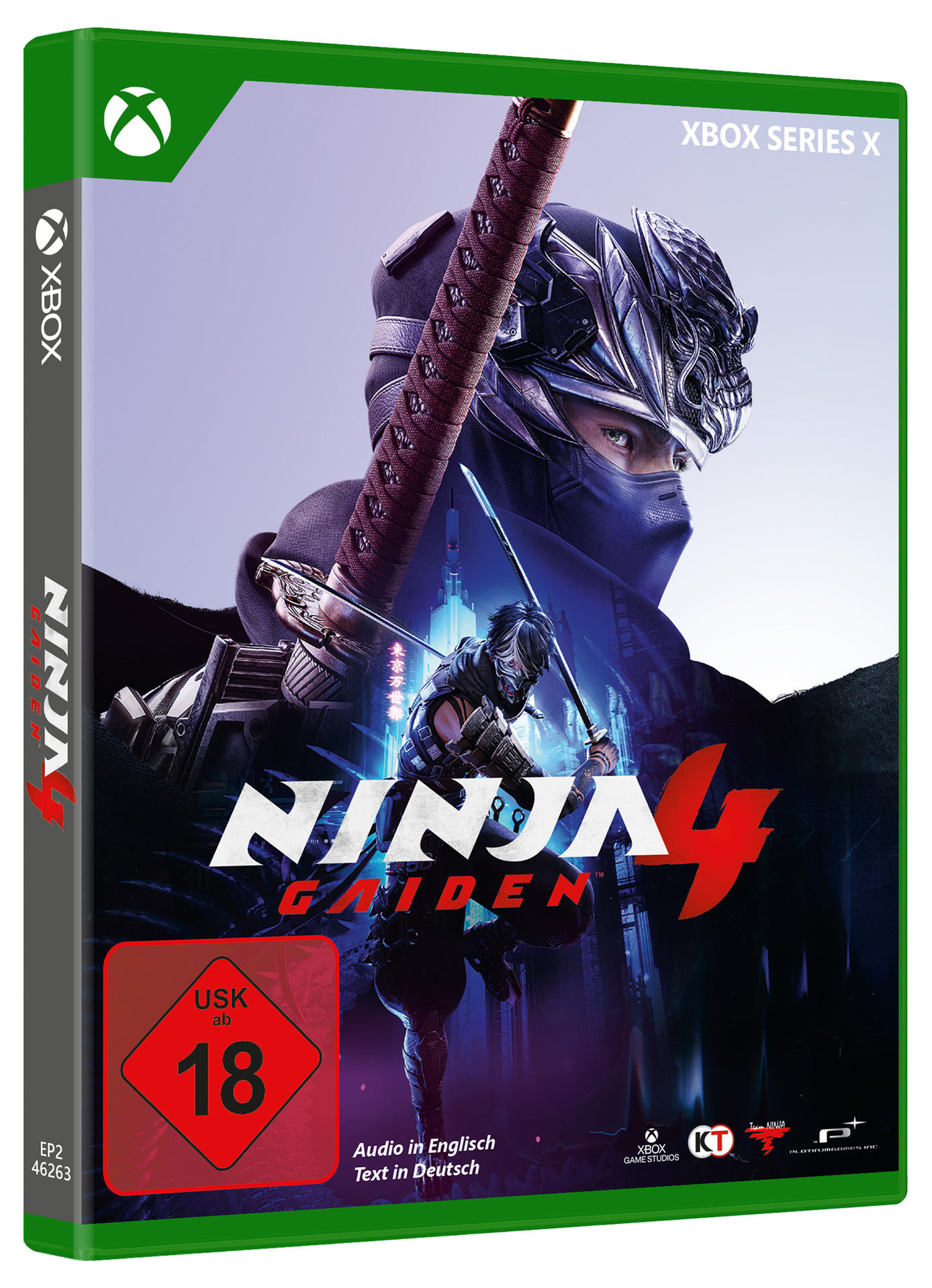 Das Cover des Spiels Ninja Gaiden 4 für Xbox Series X zeigt zwei Ninjas, einen großen und einen kleinen.