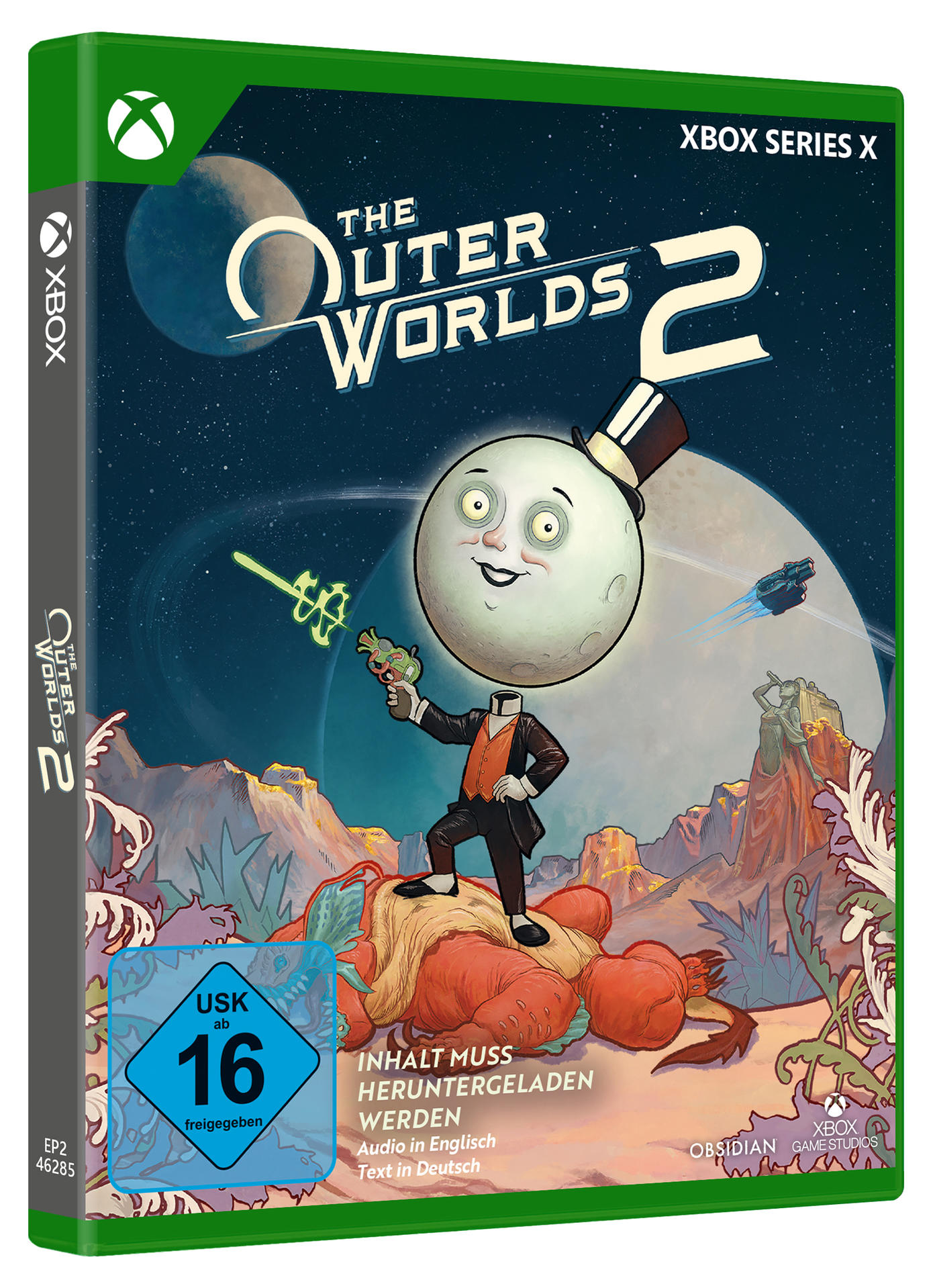 Spielbox-Art für The Outer Worlds 2. Ein mondgesichtiger Charakter mit Zylinder steht auf einem Monster und hält eine Strahlenkanone.