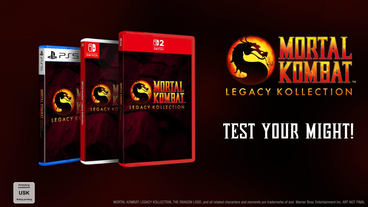 Mortal Kombat Legacy Kollection Spielboxen für PS5 und Nintendo Switch. Drachenlogo, Slogan: Teste deine Macht!