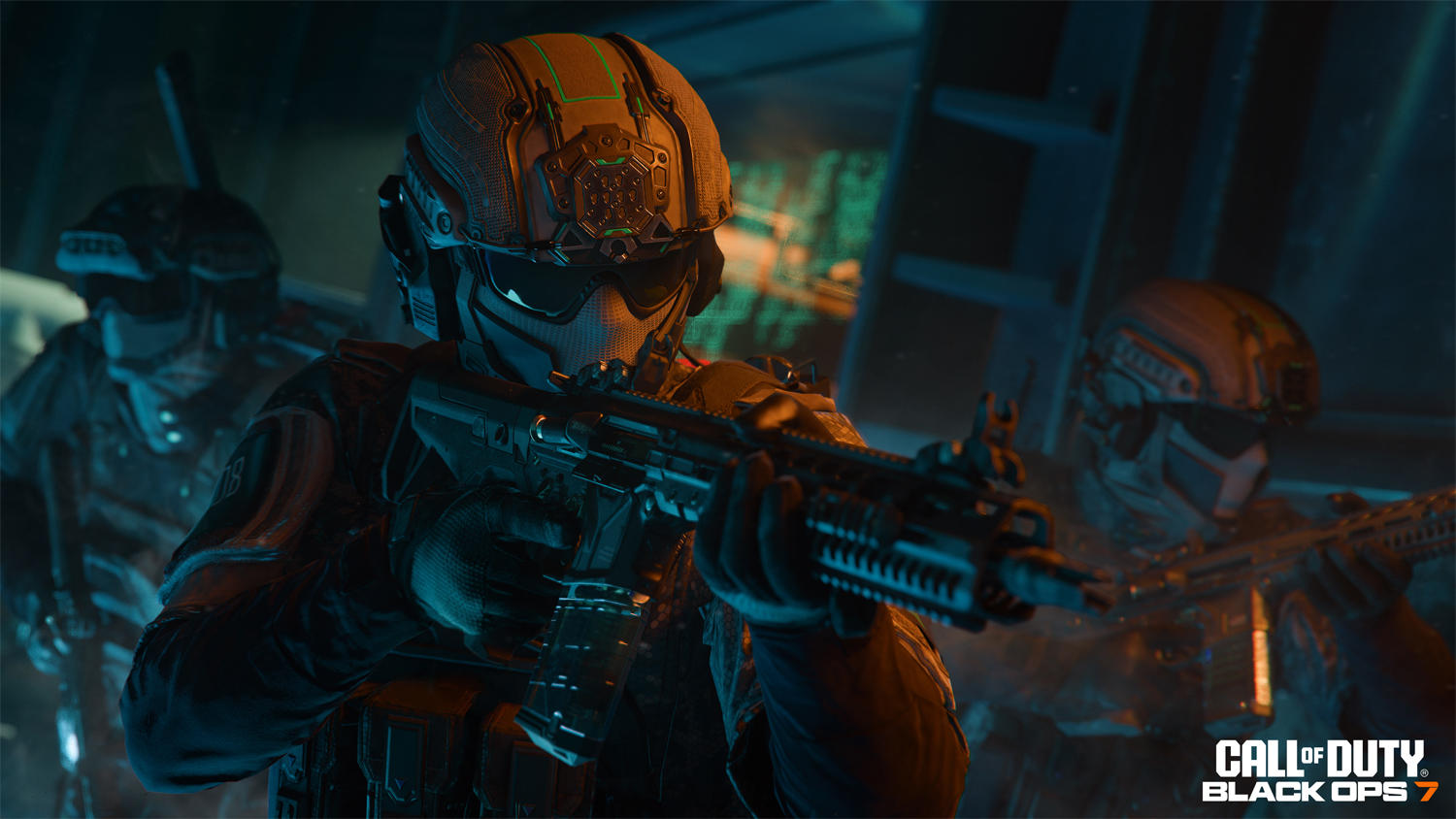 Soldaten in futuristischer Ausrüstung halten Waffen. Dunkle Innenumgebung mit Call of Duty Logo.