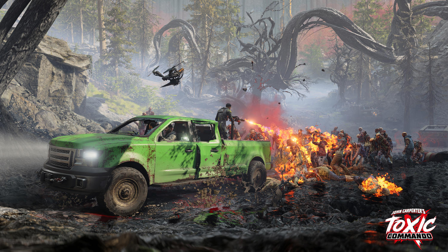 Ein grüner LKW mit einem Soldaten, der auf Zombies schießt, die in Flammen stehen. Eine Drohne fliegt in der Luft, und der Hintergrund zeigt einen Wald.