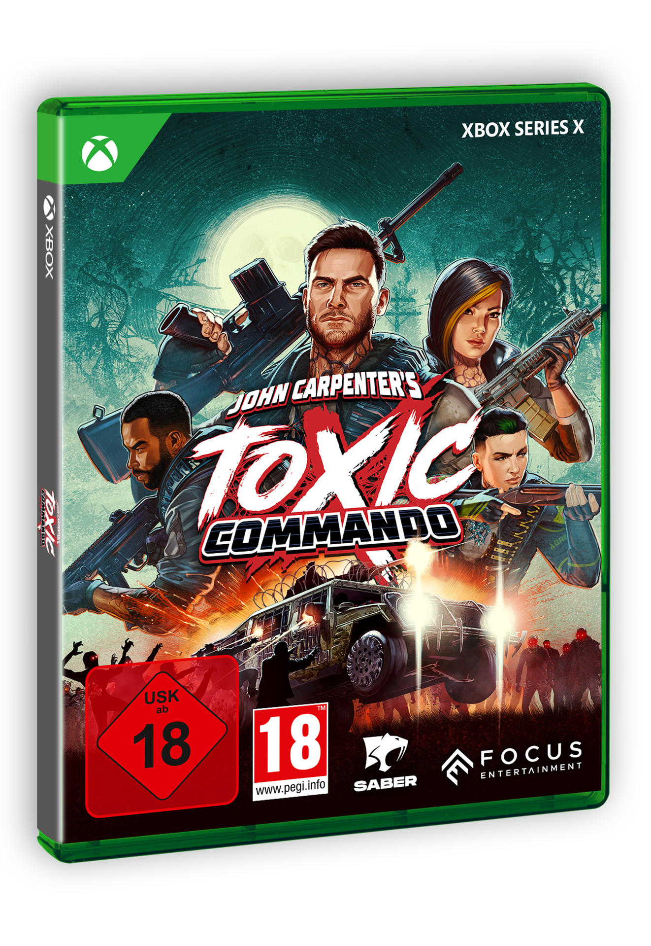 Xbox-Spielcover mit vier Charakteren, einem Fahrzeug und der Aufschrift 'John Carpenter's Toxic Commando'.