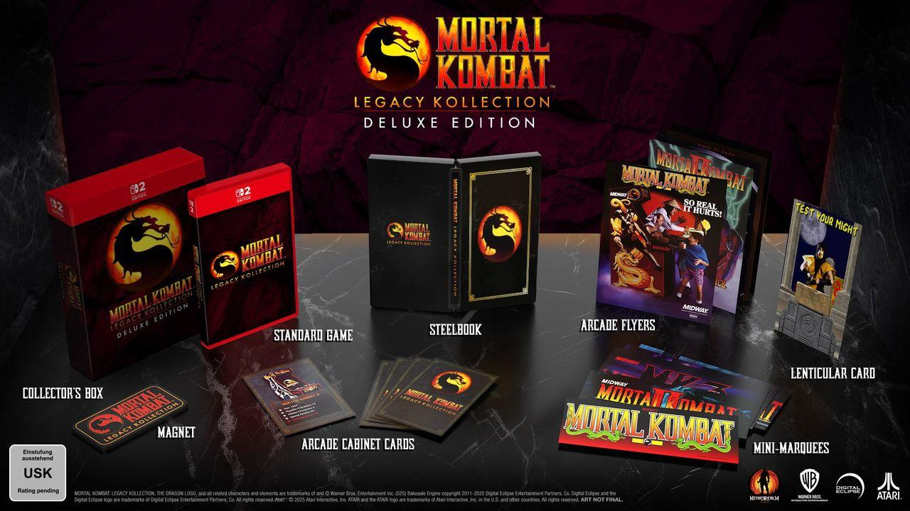 Mortal Kombat Legacy Kollection Deluxe Edition-Spielbox-Set. Enthält Collector's Box, Steelbook, Arcade-Flyer und Karten.