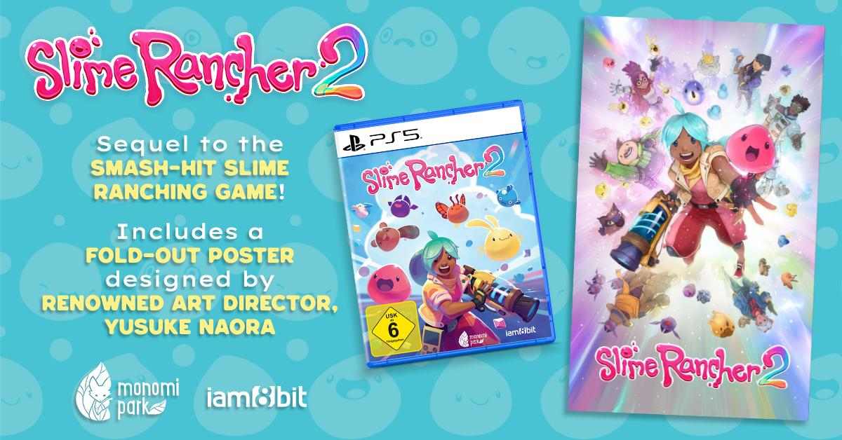 Das Bild zeigt die Slime Rancher 2-Spielbox und das Poster. Bunte Charaktere sind dargestellt, mit Spielelogo und Informationen.
