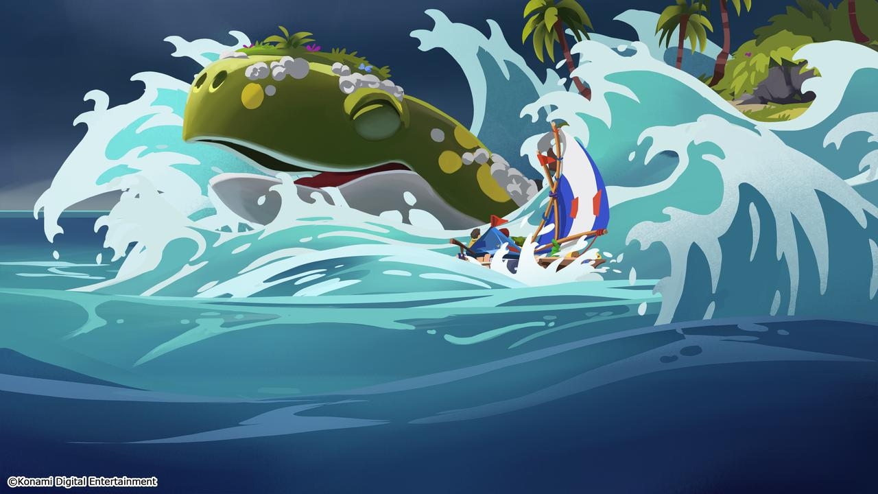 Ein Cartoon-Wal mit einem Boot davor. Der Wal hat einen grünen Körper mit gelben Flecken. Wellen umgeben das Boot und den Wal.