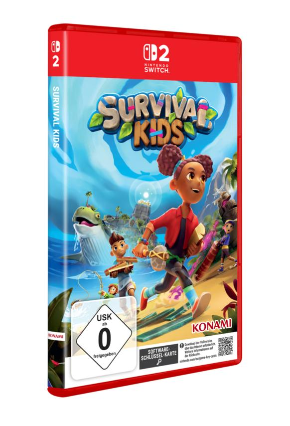 Spielbox-Art für Survival Kids auf Nintendo Switch, mit Charakteren in tropischer Umgebung mit Hai und Kindern.