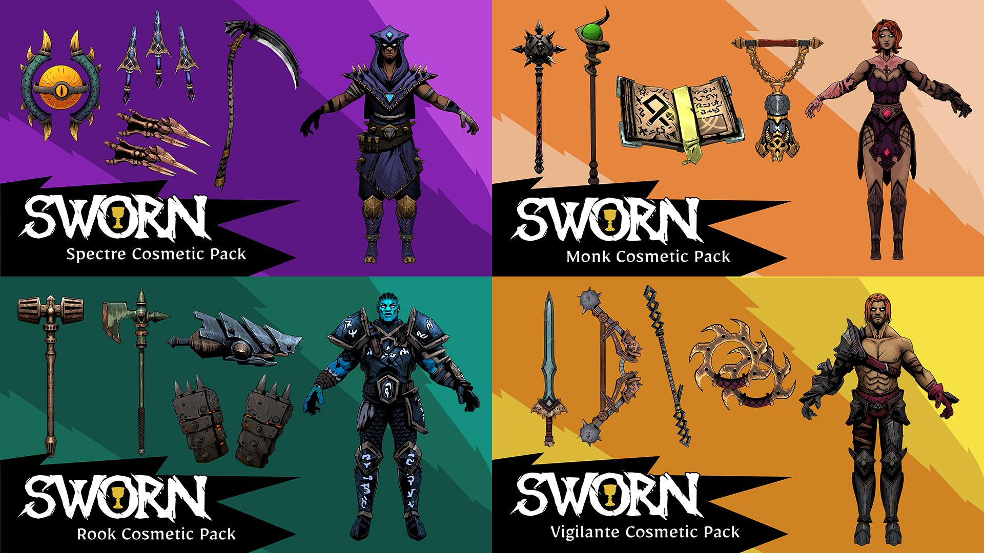 Vier kosmetische Packs: Spectre, Monk, Rook und Vigilante, jeweils mit Charakter- und Waffenoptionen, alle mit einem 'SWORN'-Logo.