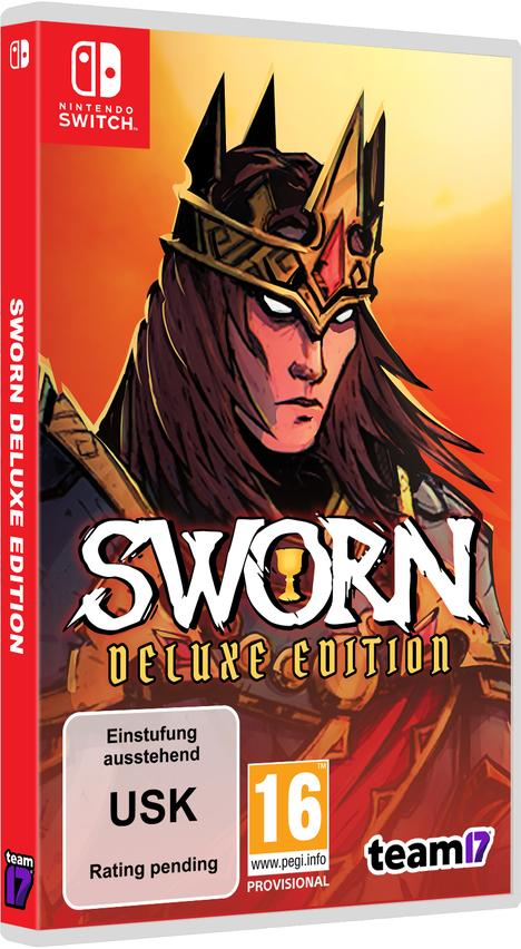 Spielebox-Art für 'Sworn Deluxe Edition'. Enthält einen gekrönten Krieger, Text und Nintendo Switch-Branding. Bewertung ausstehend und PEGI 16.