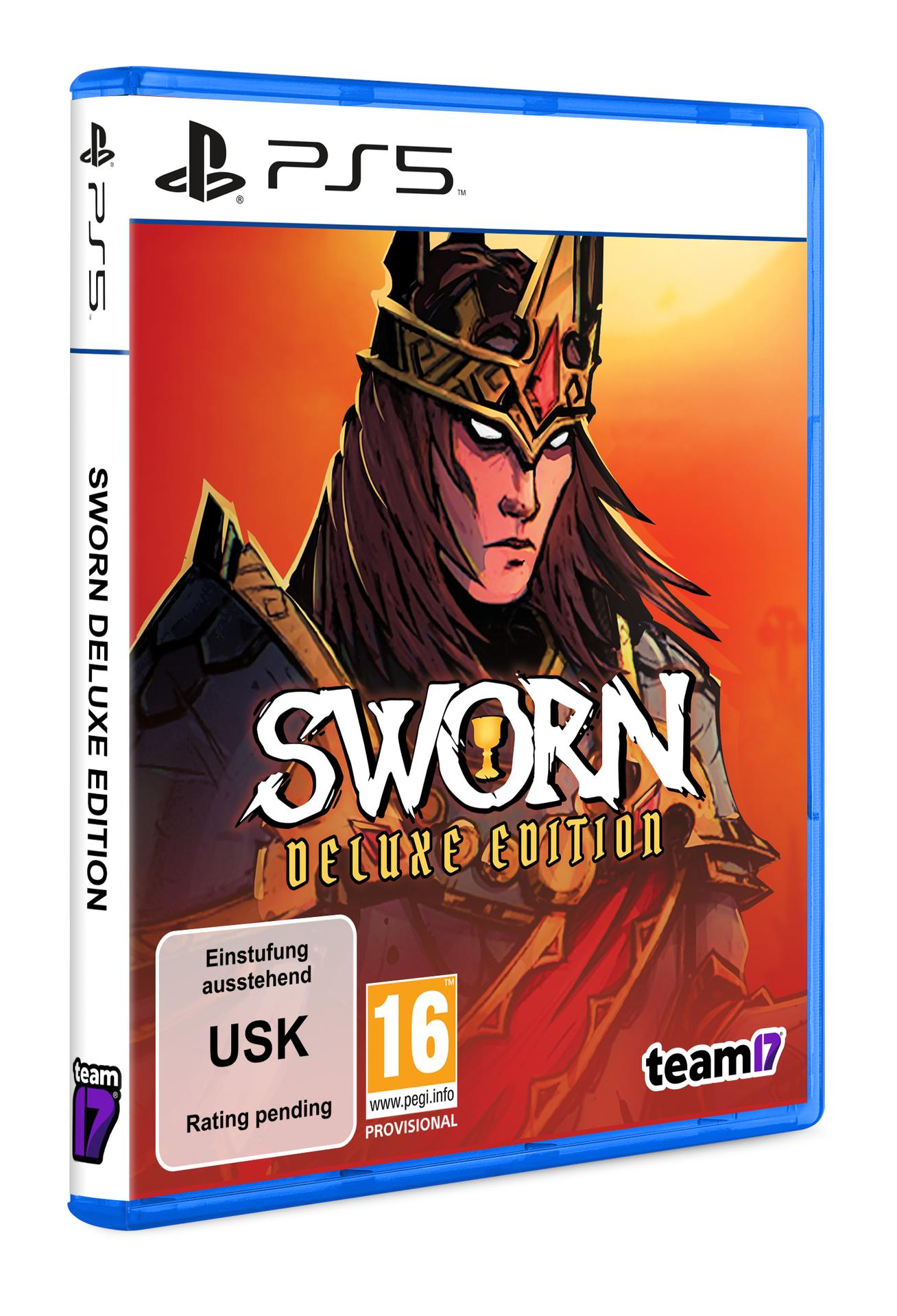 PS5 Spiel "Sworn Deluxe Edition" mit Krieger-Motiv und USK 16 Freigabe.