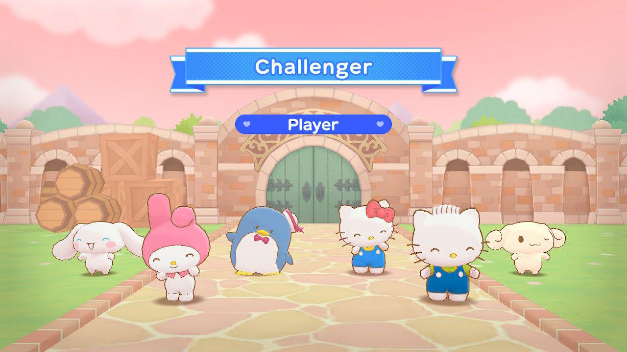 Charaktere von Hello Kitty, My Melody und Cinnamoroll stehen auf einem Pfad. Ein Banner zeigt 'Challenger' und 'Player'.