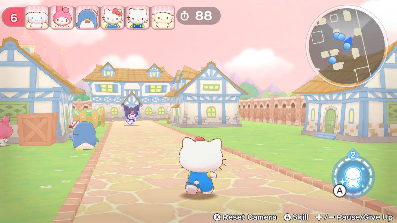 Ein Hello Kitty-Charakter geht auf einem Ziegelweg. Gebäude säumen den Weg. Andere Zeichentrickfiguren sind im Hintergrund sichtbar.