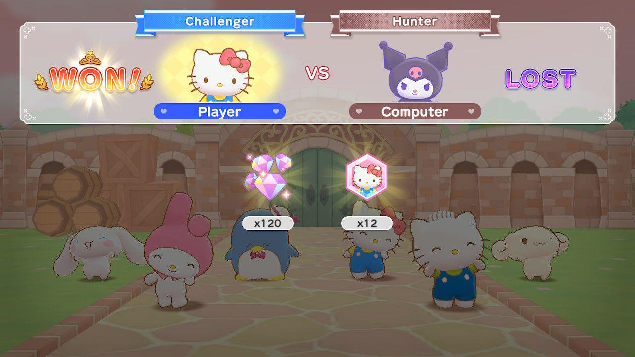 Hello Kitty hat ein Spiel gegen Kuromi gewonnen. Charaktere sind auf einem Weg. Das Wort 'GEWONNEN' erscheint. Andere Charaktere sind anwesend.