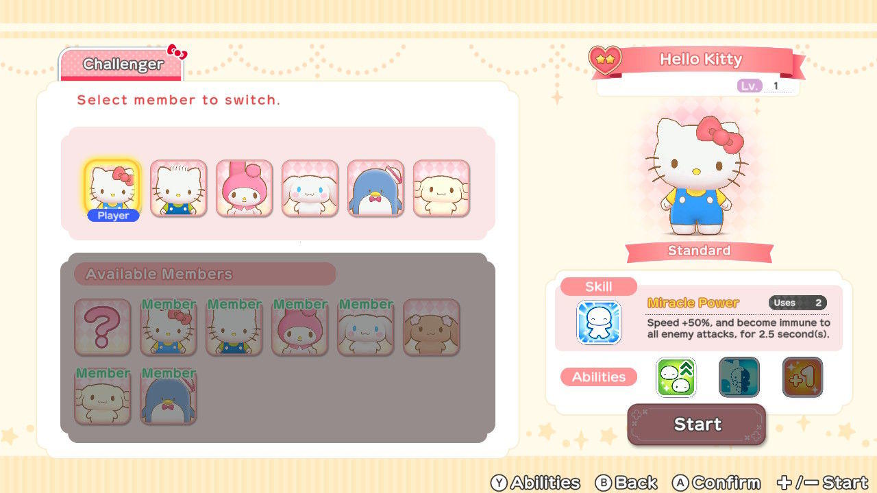 Eine Spieloberfläche zeigt Hello Kitty mit Optionen zur Auswahl von Charakteren. Es hat ein rosa Thema und Charakterporträts.