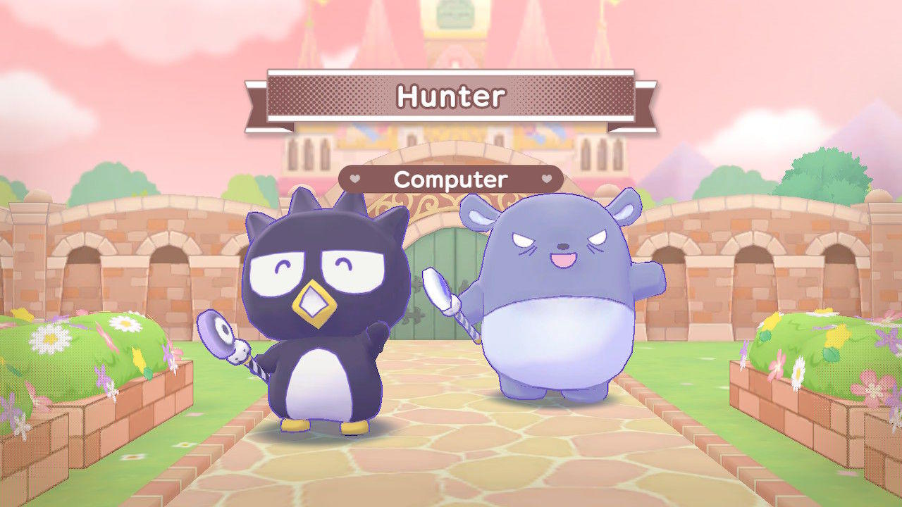 Zwei Zeichentrickfiguren, ein Pinguin und eine Maus, stehen auf einem Pfad. Im Hintergrund sind ein Schloss und eine Backsteinmauer.