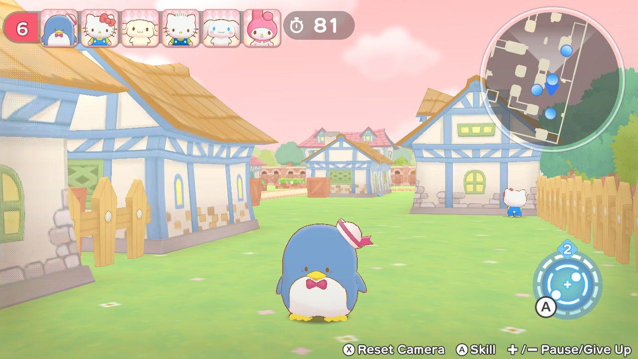Ein Cartoon-Pinguin steht auf einem Dorfplatz. Gebäude und Zäune umgeben ihn. Eine Karte und Charakter-Icons sind sichtbar.