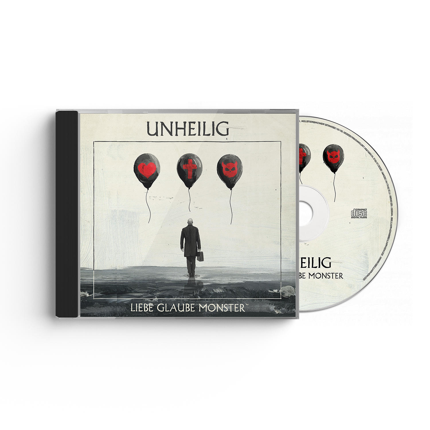 CD-Cover mit dem Titel 'UNHEILIG'. Es zeigt einen Mann, der auf Ballons mit Symbolen zugeht. Die CD ist sichtbar.