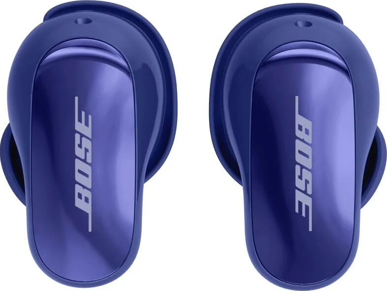Deux écouteurs Bose bleus. Chaque écouteur porte le logo Bose. Ils ont un design élégant et moderne avec une finition brillante.