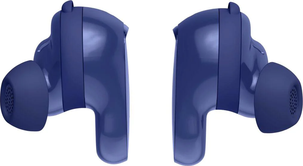 Deux écouteurs sans fil bleus sont affichés. Chacun a un corps arrondi et une pointe pour le conduit auditif. Fond blanc.