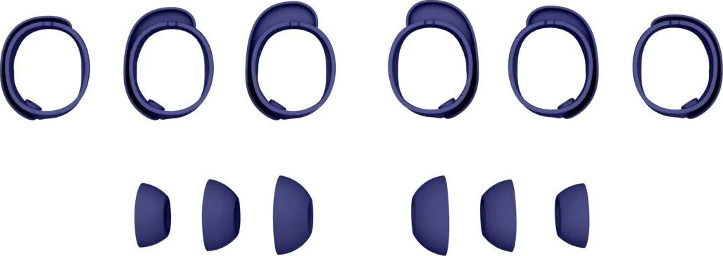 Plusieurs accessoires d'écouteurs bleu foncé sont disposés. Au-dessus, des crochets d'oreille. En dessous, des embouts.
