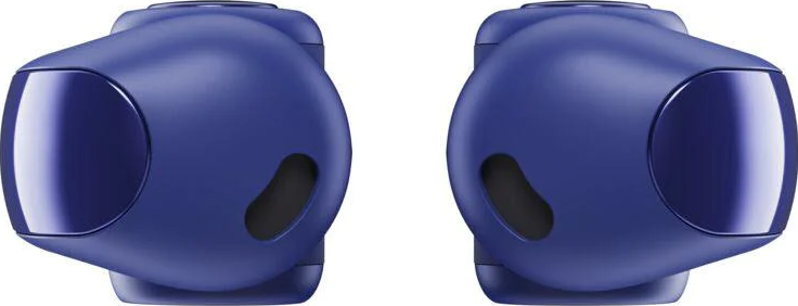 Zwei blaue Ohrhörer sind nebeneinander abgebildet. Jeder hat eine dunkel gefärbte Öffnung und eine reflektierende, abgerundete Front.