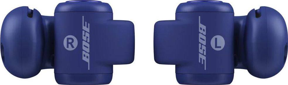 Zwei blaue Bose-Ohrhörer mit den Buchstaben 'R' und 'L'. Jedes hat das Bose-Logo. Der Hintergrund ist weiß.