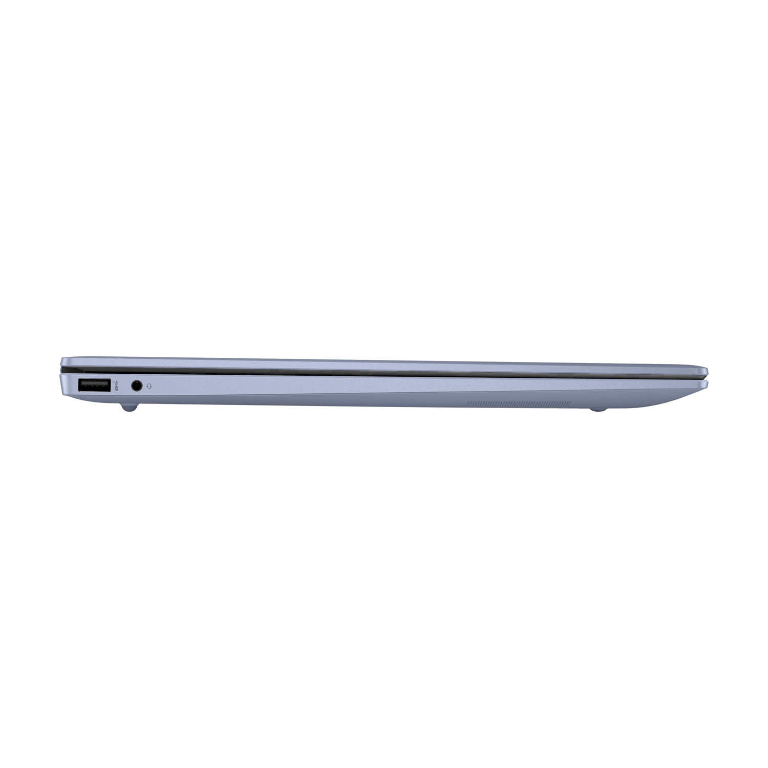 Vista laterale di un laptop blu chiaro chiuso. Porte visibili: USB, jack audio e alimentazione. Lo sfondo è bianco.