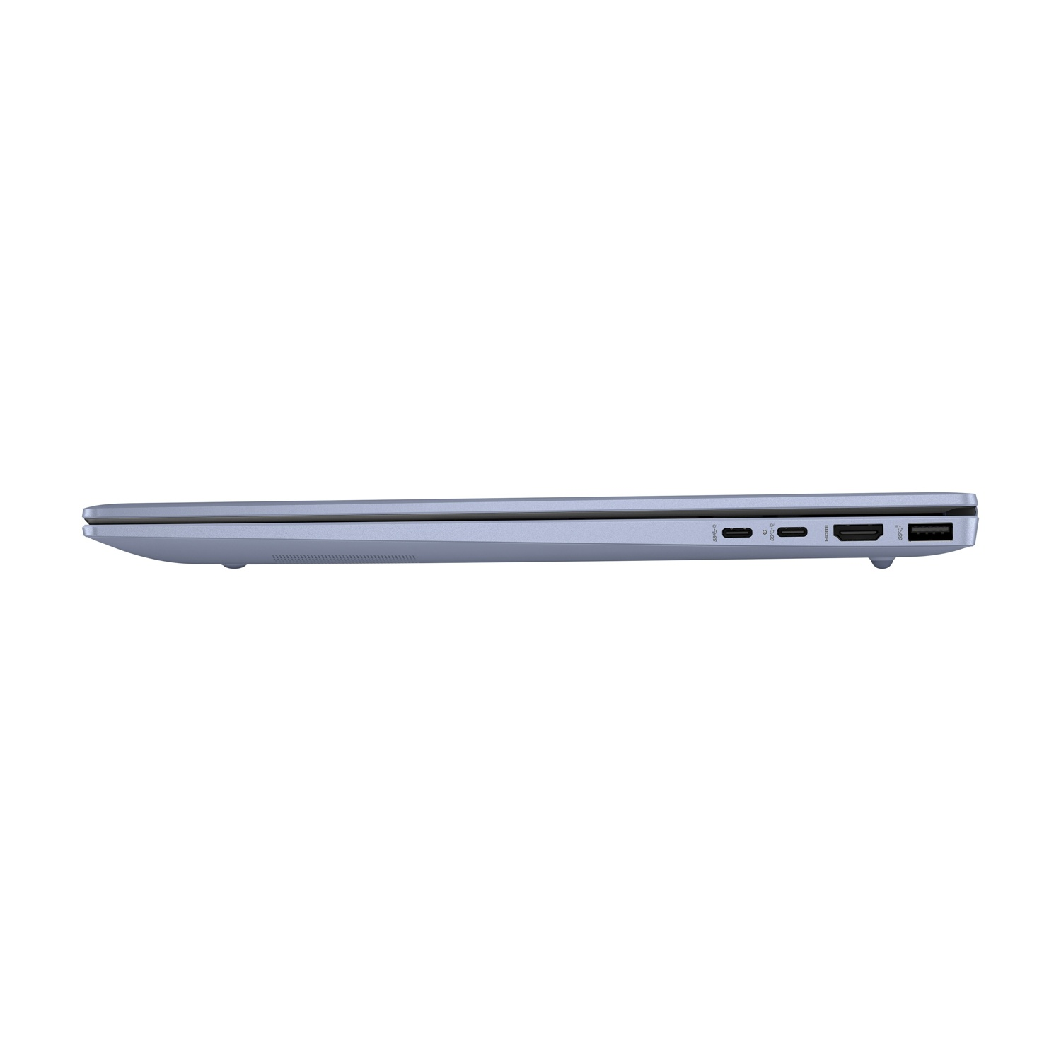 Vista laterale di un laptop azzurro. Le porte visibili includono USB, HDMI e USB-C. Il laptop è su sfondo bianco.