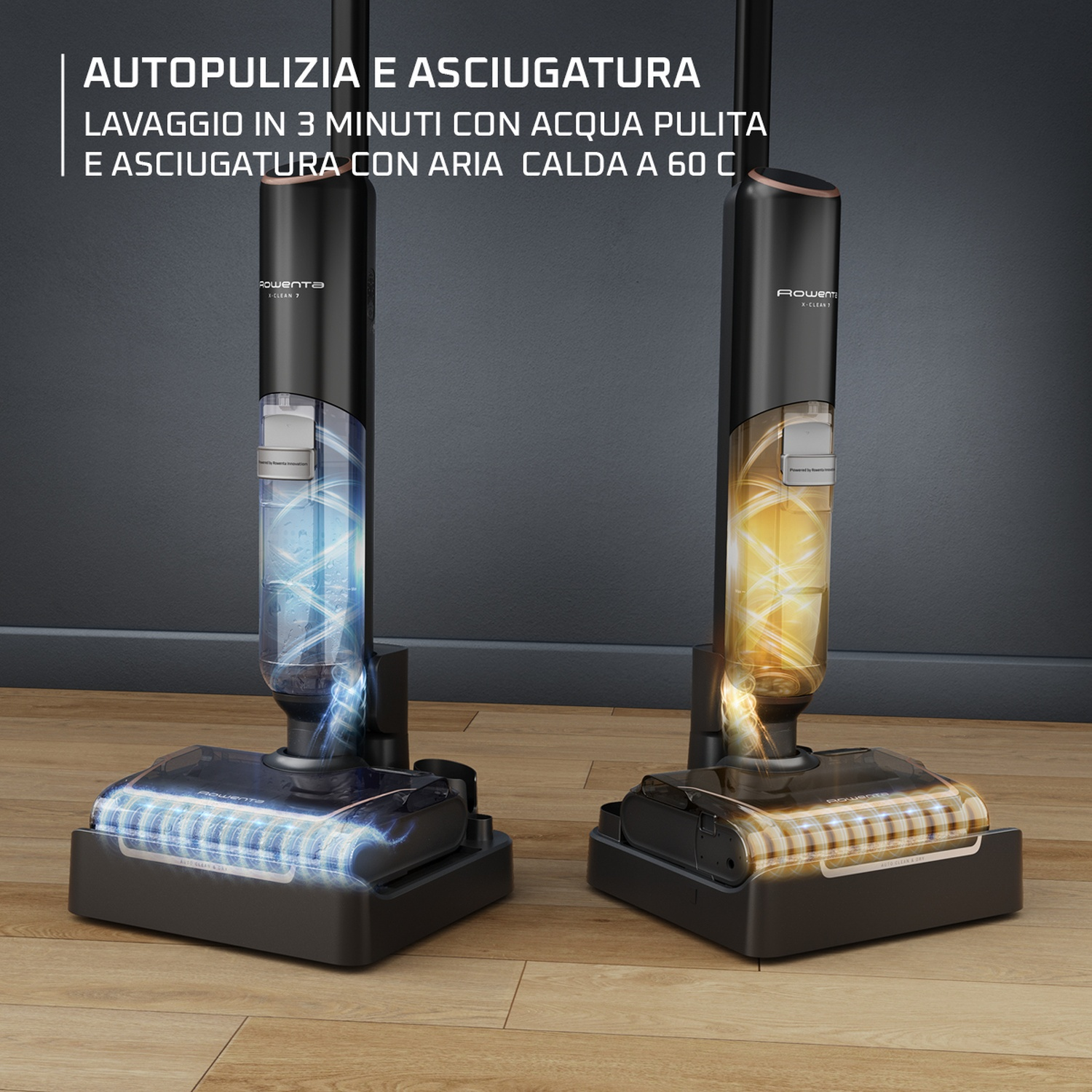 Due aspirapolvere Rowenta X-Clean 7 neri e ramati. Uno mostra acqua blu, l'altro flusso d'aria giallo.