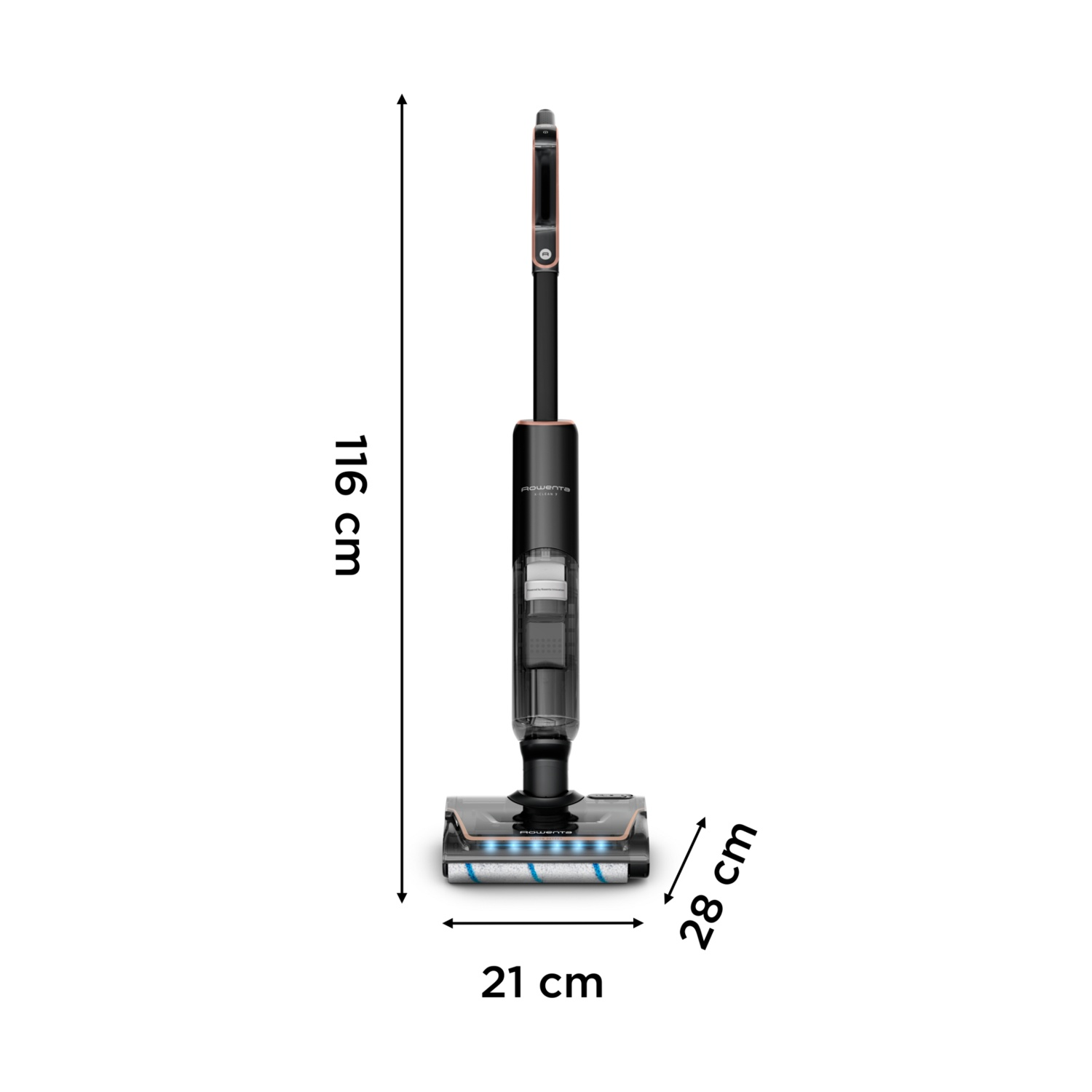 Un aspirapolvere a bastone nero e bronzo, con dimensioni etichettate: 116 cm, 21 cm e 28 cm. Lo sfondo è bianco.