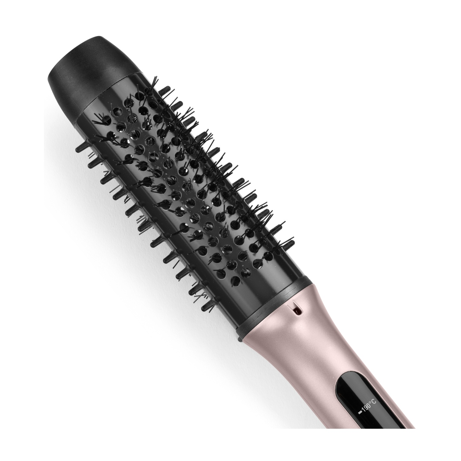 Una spazzola per capelli nera e oro rosa, con setole e display della temperatura su sfondo bianco.