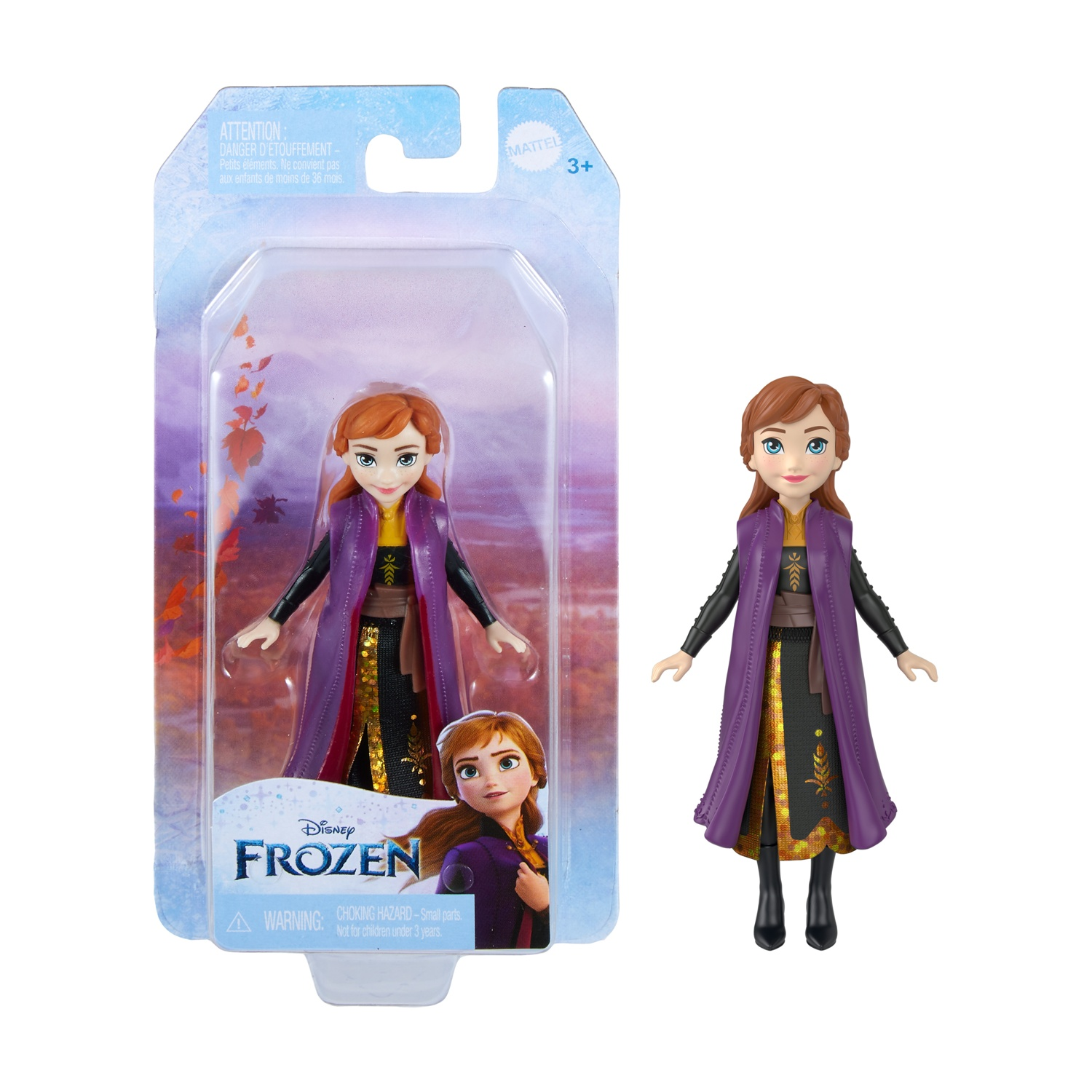Una bambola di Anna di Frozen e la sua confezione. Anna indossa un cappotto viola, un vestito nero e stivali. La confezione mostra la bambola e il logo Frozen.