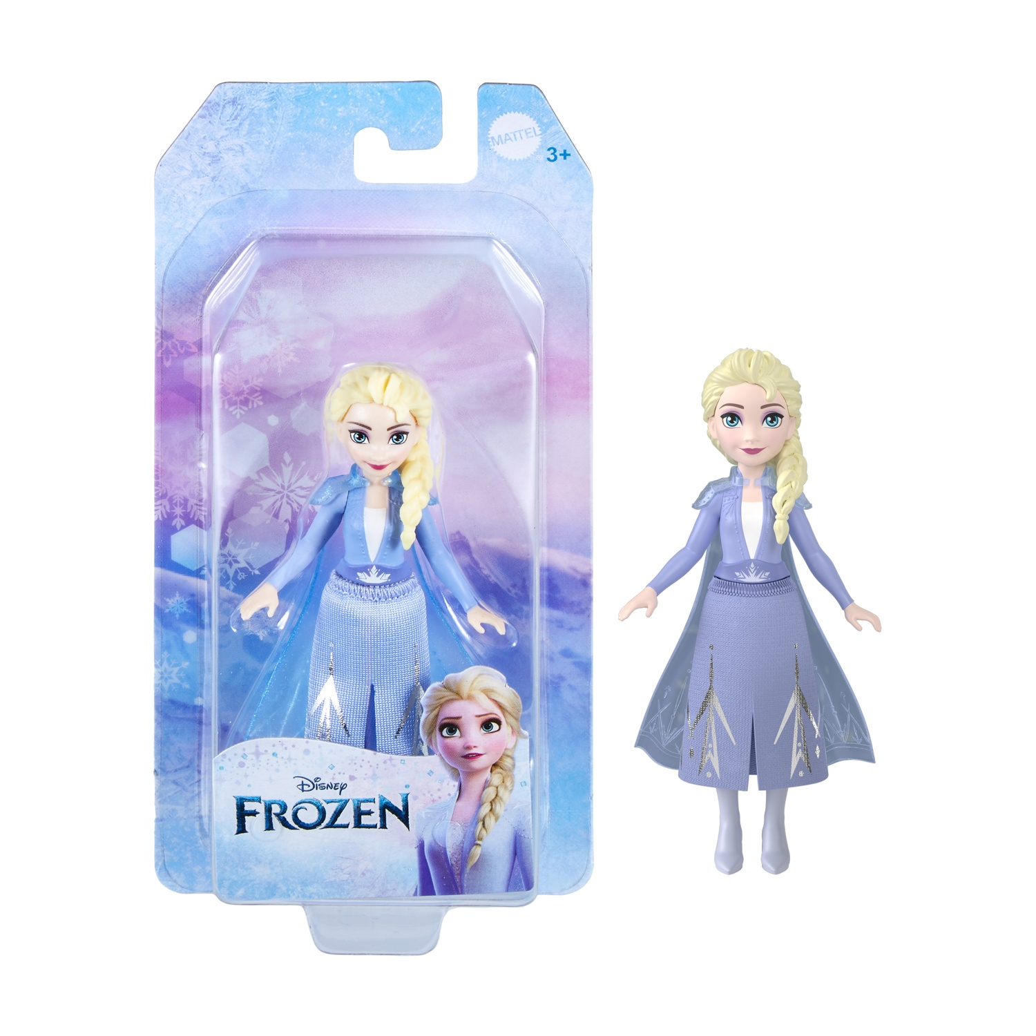 Una bambola di Elsa di Frozen in confezione e separata. Elsa ha i capelli biondi, un vestito blu e stivali bianchi. La confezione è blu e viola.