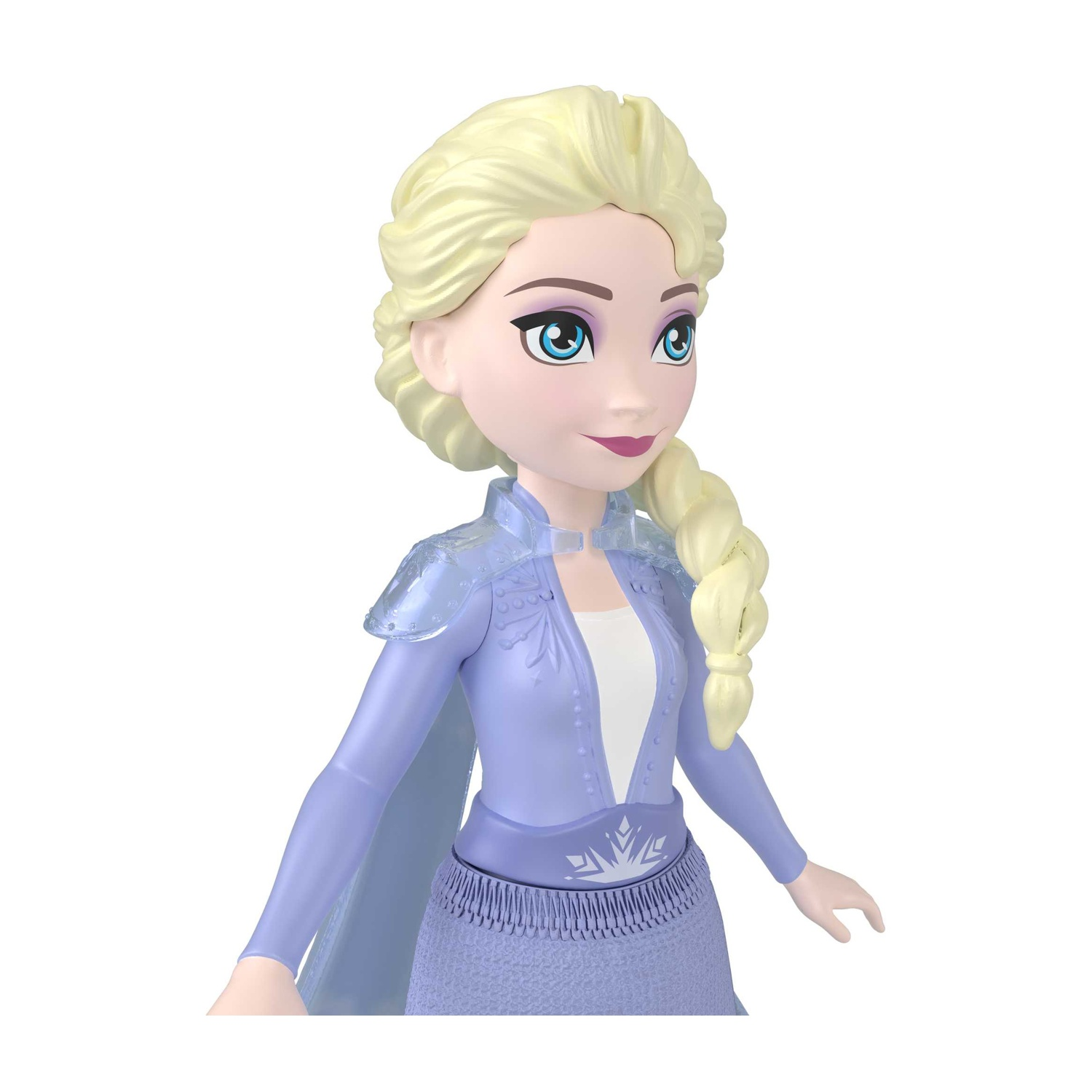 Una bambola di Elsa di Frozen. Ha i capelli biondi in una treccia, occhi azzurri e indossa un vestito lilla chiaro. Lo sfondo è bianco.