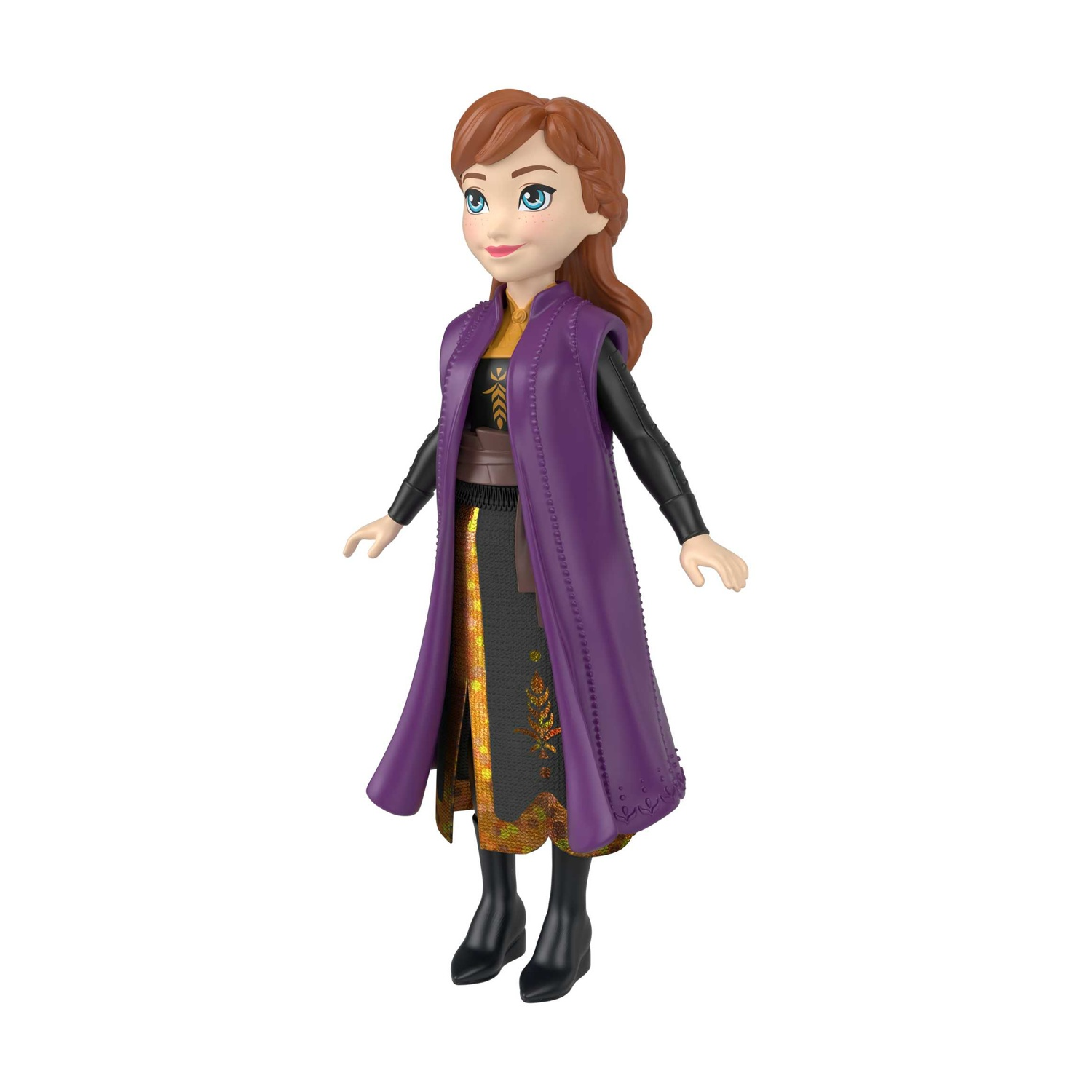 Una bambola di Anna di Frozen. Indossa un cappotto viola, un vestito nero e stivali neri. Ha i capelli rossi e un viso sorridente.
