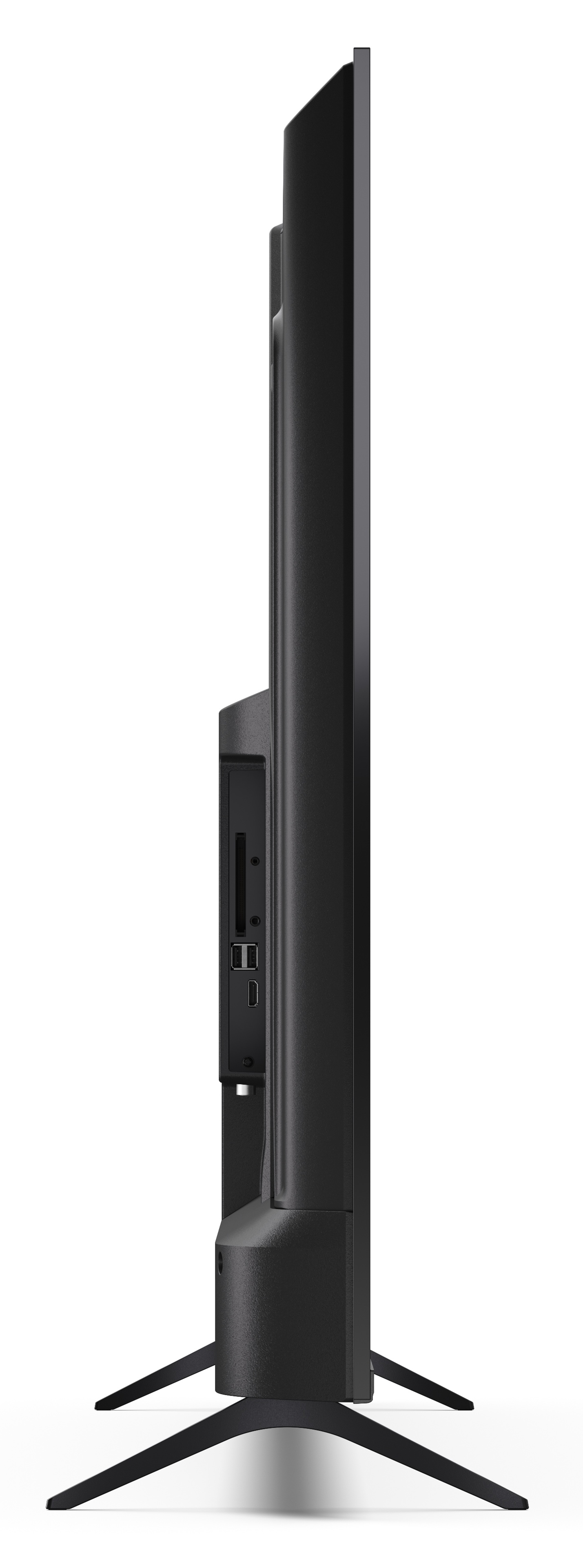 Widok z boku czarnego telewizora. Ma podstawę, porty i elegancki design na białym tle.