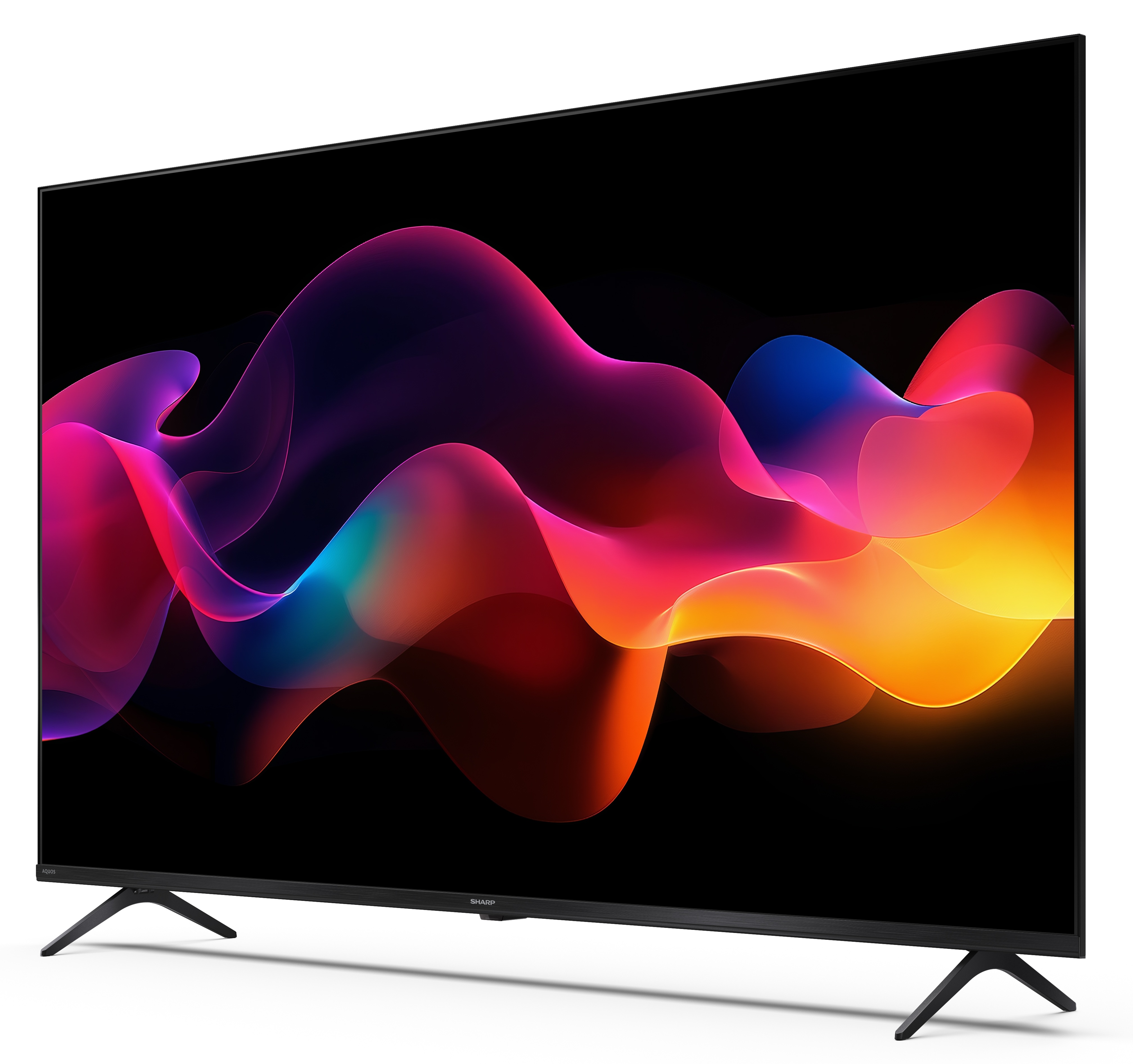 Czarny telewizor Sharp z kolorowymi, abstrakcyjnymi, płynącymi kształtami na ekranie. Stoi na czarnych nogach.