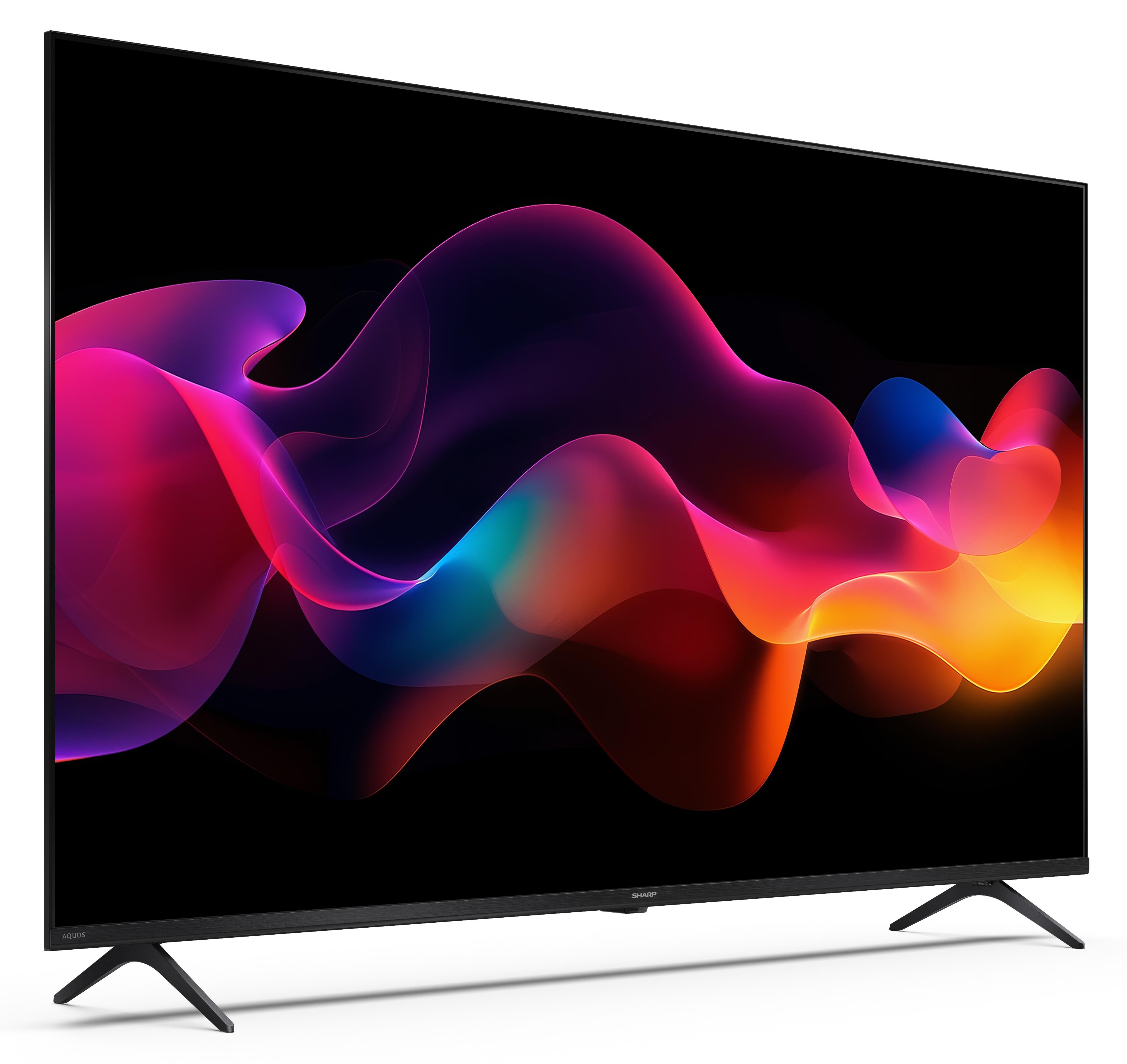 Duży, nowoczesny telewizor z kolorową, abstrakcyjną grafiką na ekranie. Ma czarne nogi i czarną ramę.
