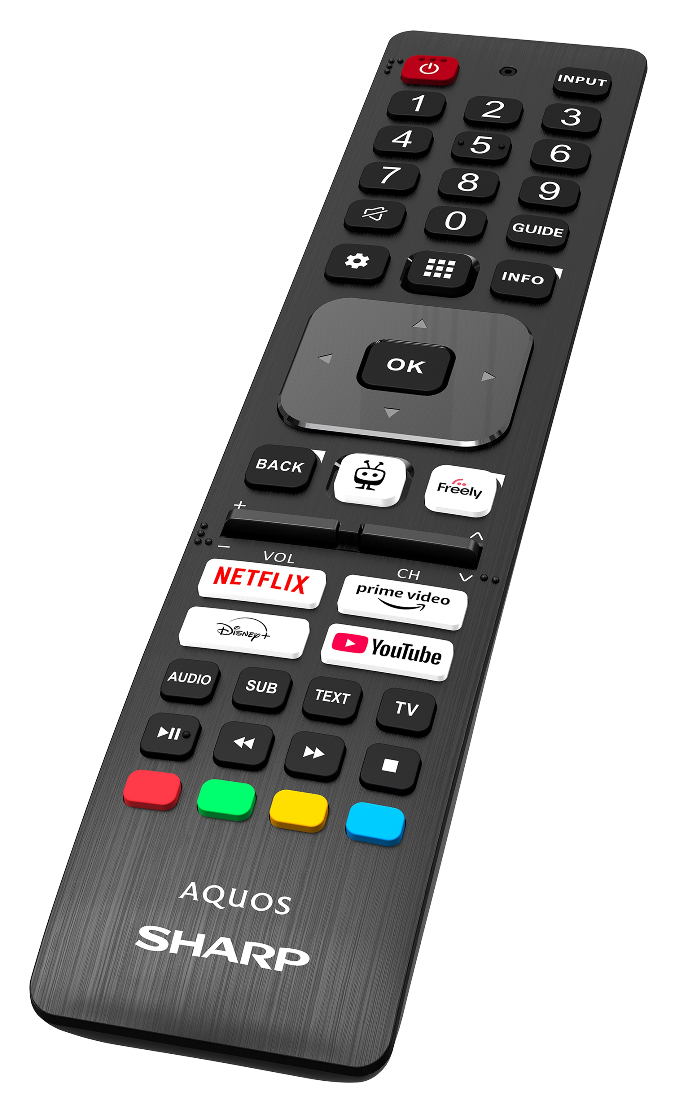 Czarny pilot do telewizora Sharp z przyciskami, w tym Netflix, YouTube i klawiszami numerycznymi.