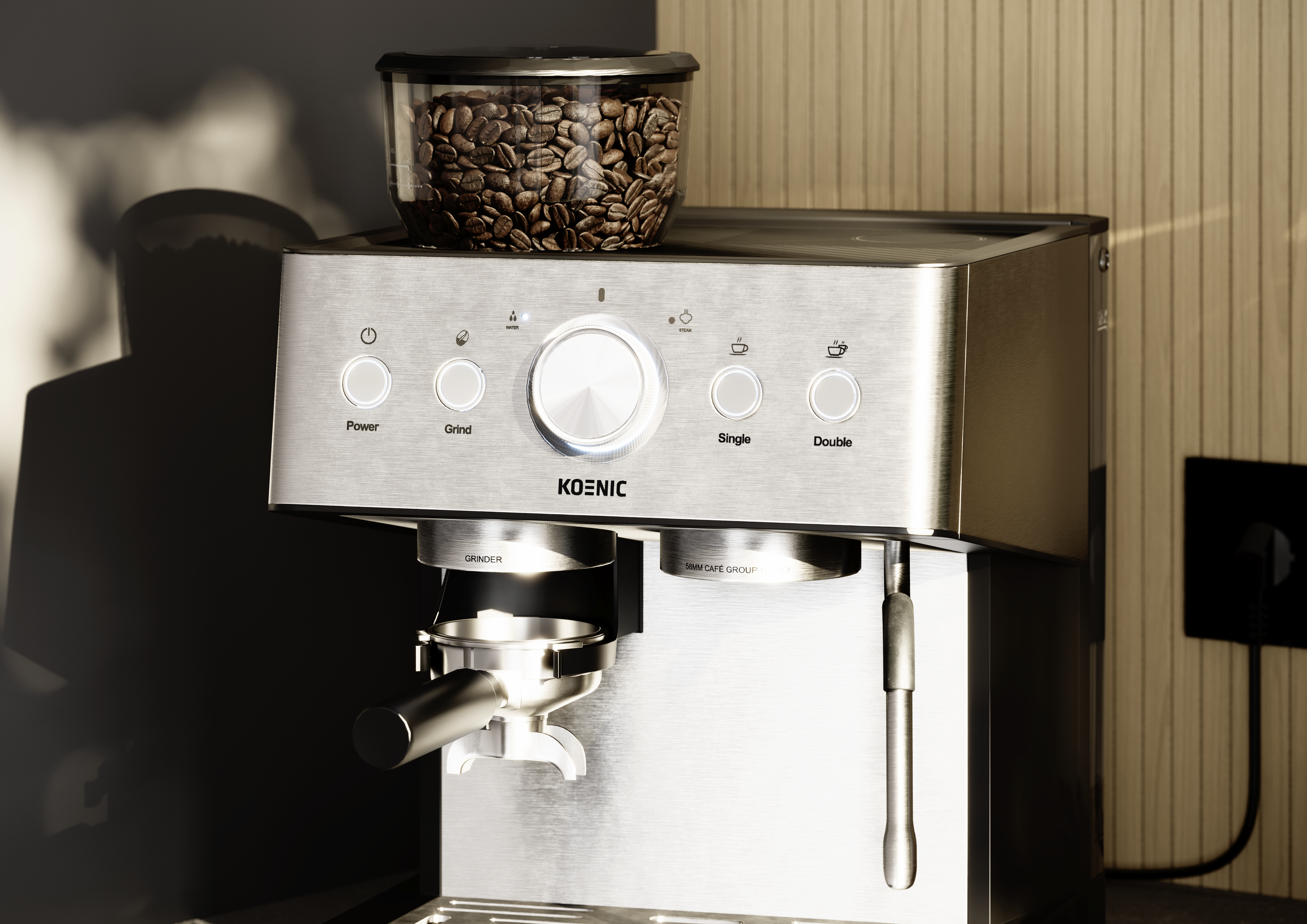 Eine silberne Espressomaschine mit Kaffeebohnenbehälter. Knöpfe: Power, Grind, Single, Double. Holziger Hintergrund.