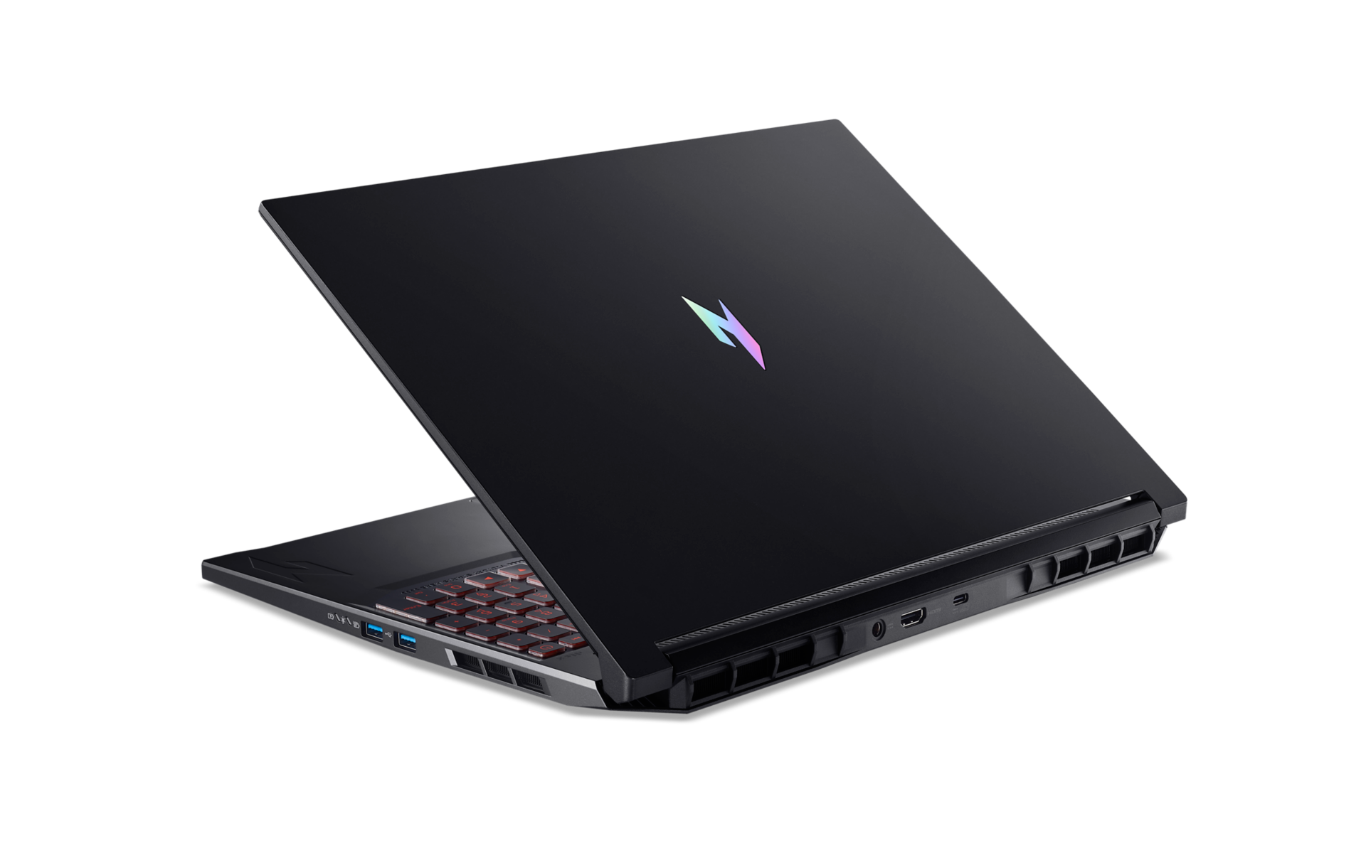 Ein schwarzer Laptop, leicht geöffnet. Die Tastatur ist mit roten Tasten sichtbar. Der Laptopdeckel hat ein farbenfrohes Logo.