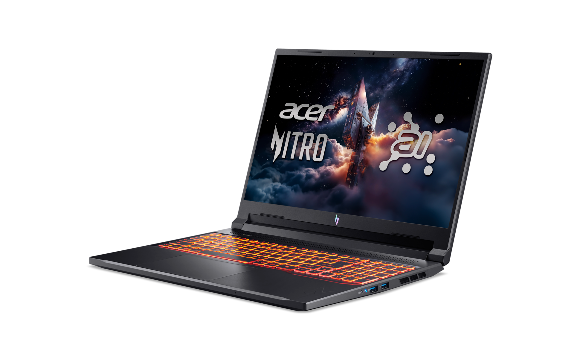Acer Nitro Laptop. Bildschirm zeigt Weltraumszene mit Logo. Tastatur orange beleuchtet. Schwarzes Gehäuse. Angesicht auf weißem Hintergrund.