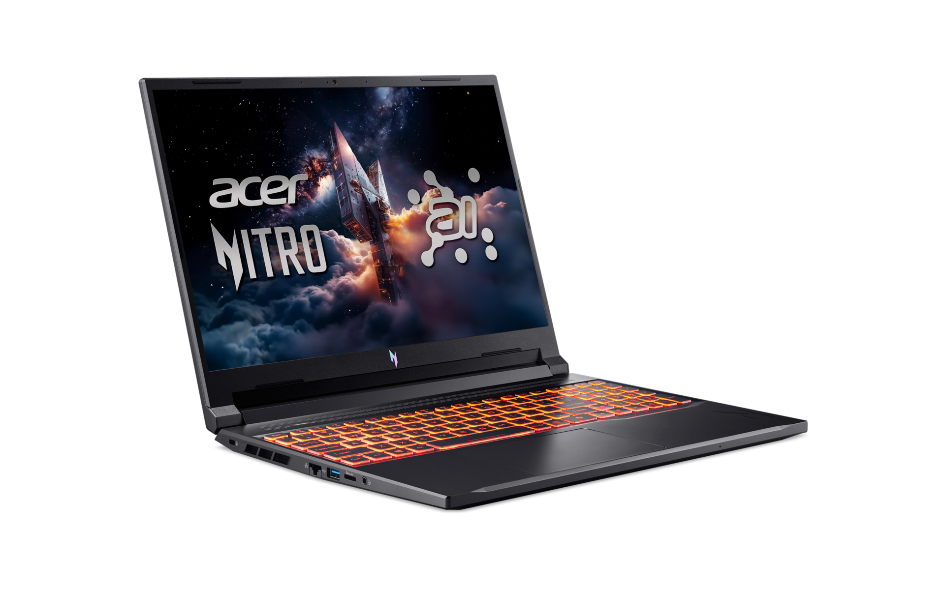 Acer Nitro Laptop mit beleuchteter Tastatur, Weltraum-Thema Bildschirm und Acer Nitro Logo.