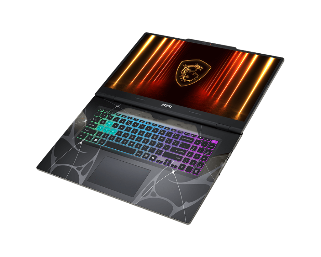 MSI-Laptop auf schwarzem Hintergrund. Das Display zeigt ein Drachenlogo und orangefarbene Linien. Die Tastatur hat farbige Lichter.