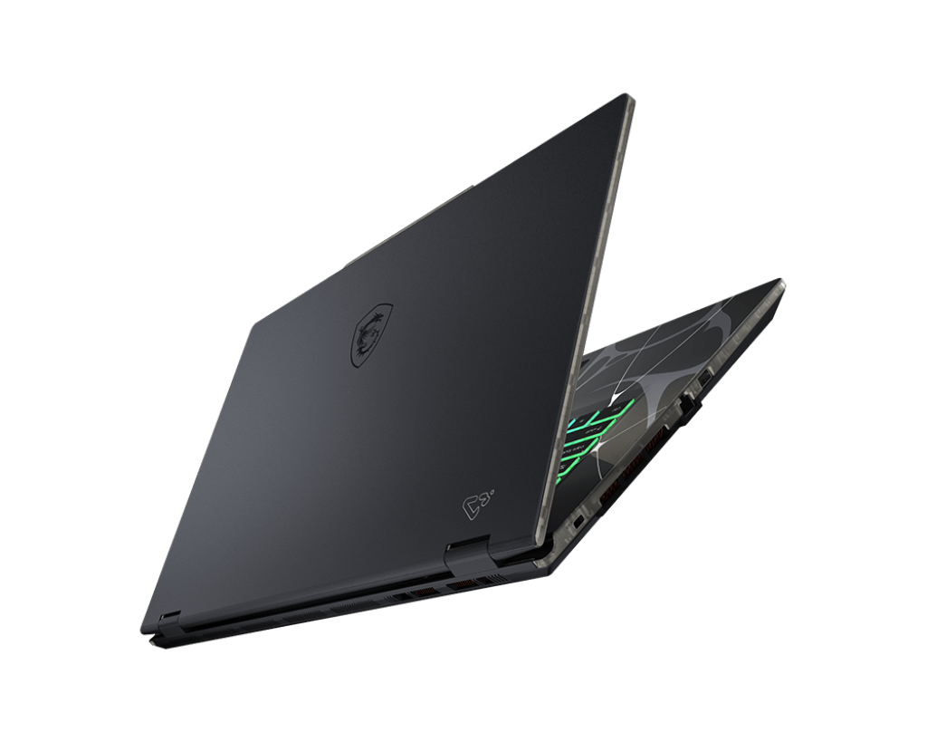Ein dunkelgrauer Laptop ist geöffnet. Das MSI-Logo ist sichtbar. Der Tastaturbereich hat ein Design. Der Hintergrund ist schwarz.