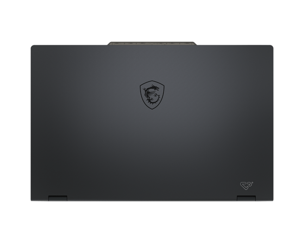 Dunkelgrauer Laptop, Draufsicht. Mit MSI-Logo und einem kleineren Design rechts unten. Vor schwarzem Hintergrund.