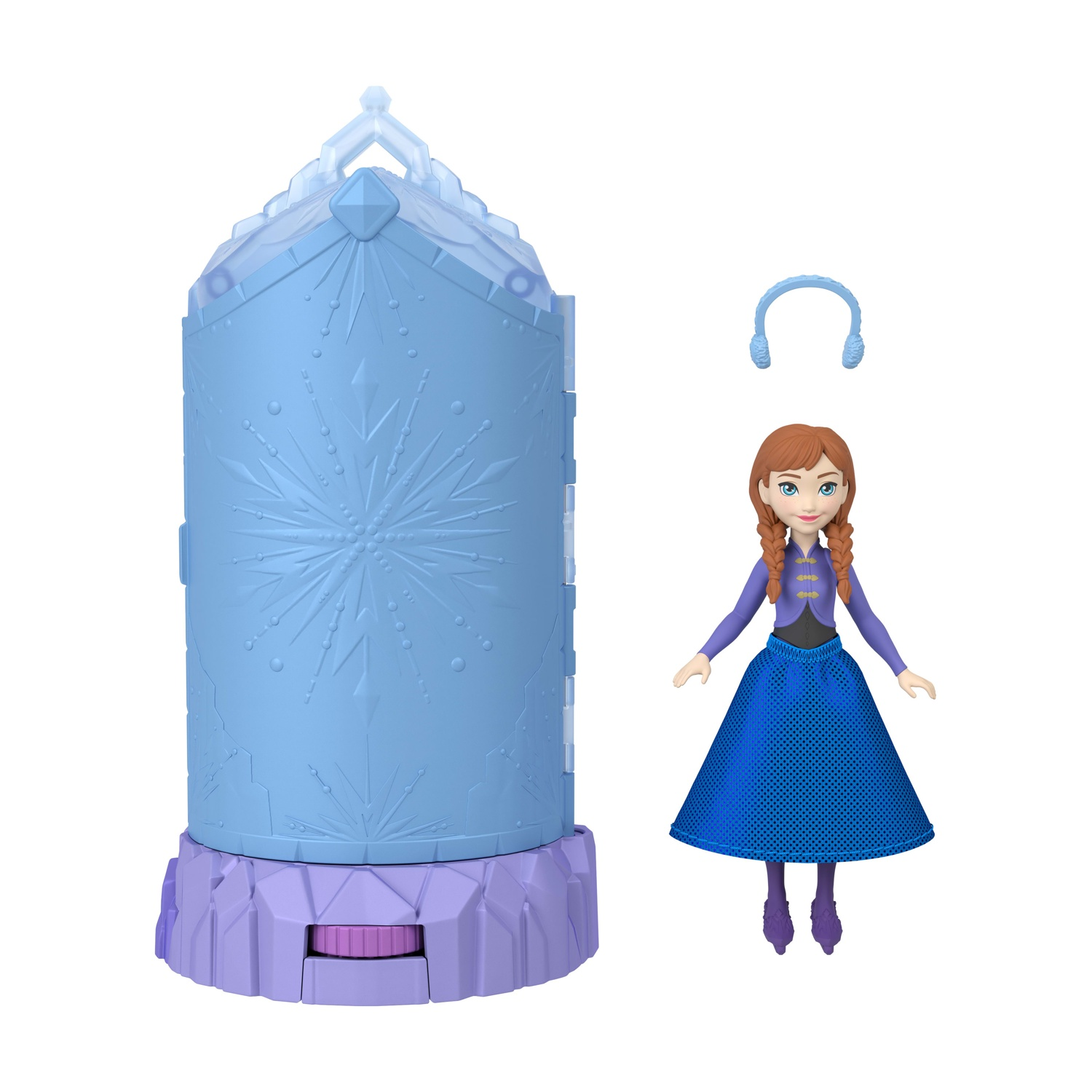 Un set di giocattoli a tema Frozen. Include un castello azzurro, la bambola Anna con le trecce e un accessorio blu simile a paraorecchie.