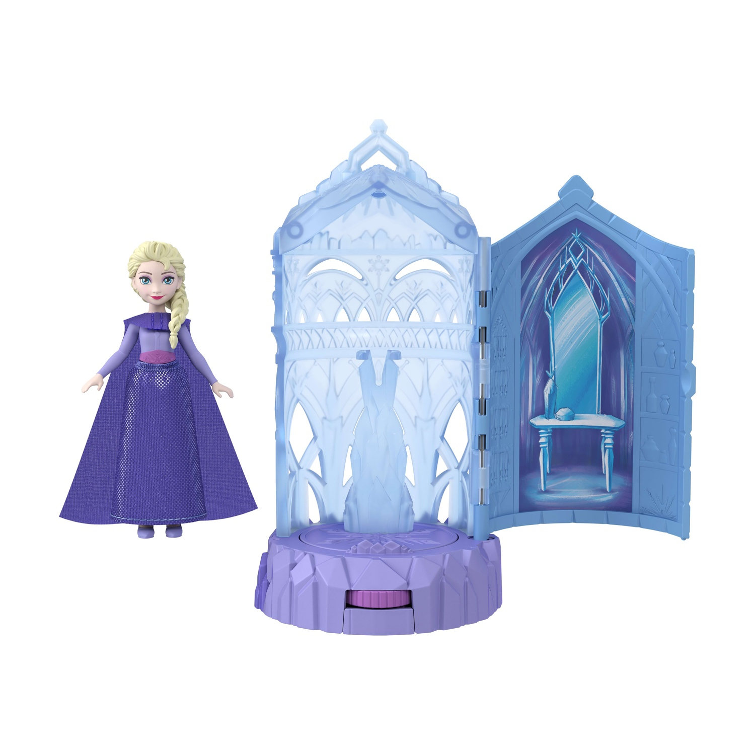 Una bambola di Elsa accanto a un castello giocattolo blu. Elsa indossa un vestito viola. Il castello ha due parti e una base viola.